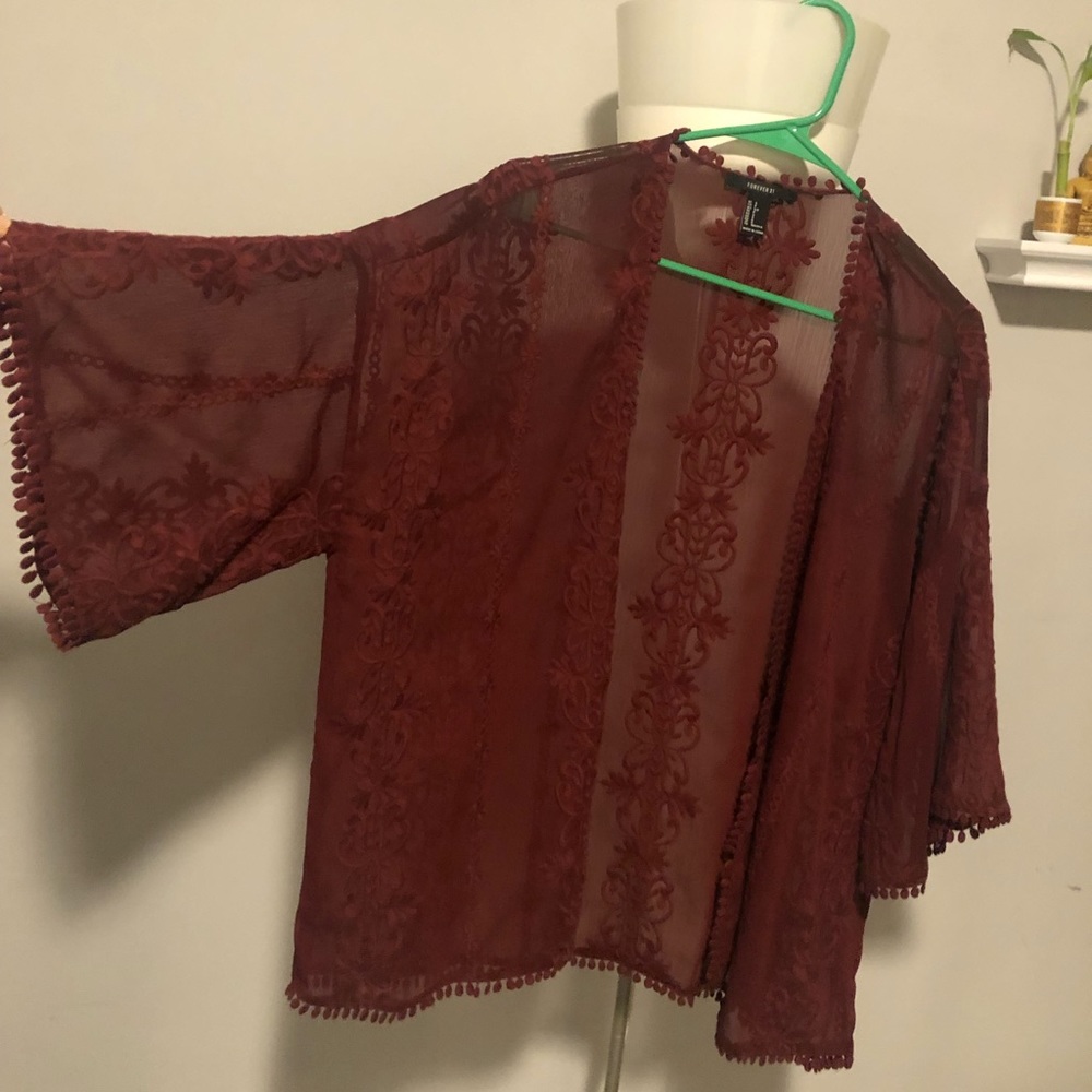 Sheer maroon lace kimono